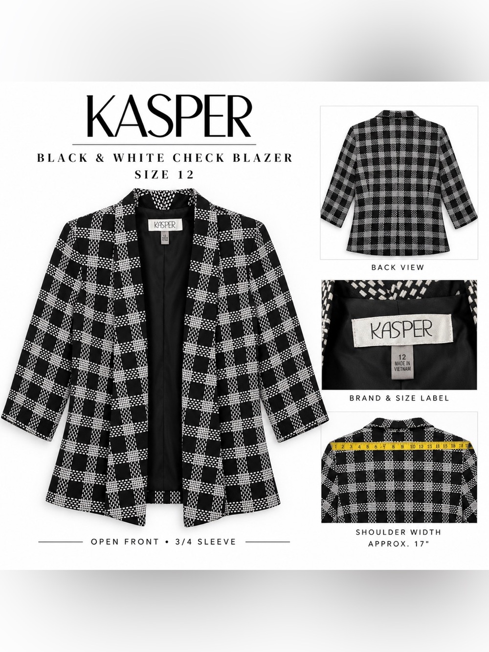 Kasper Black & White Check Blazer Size 12 3/4 Sleeve